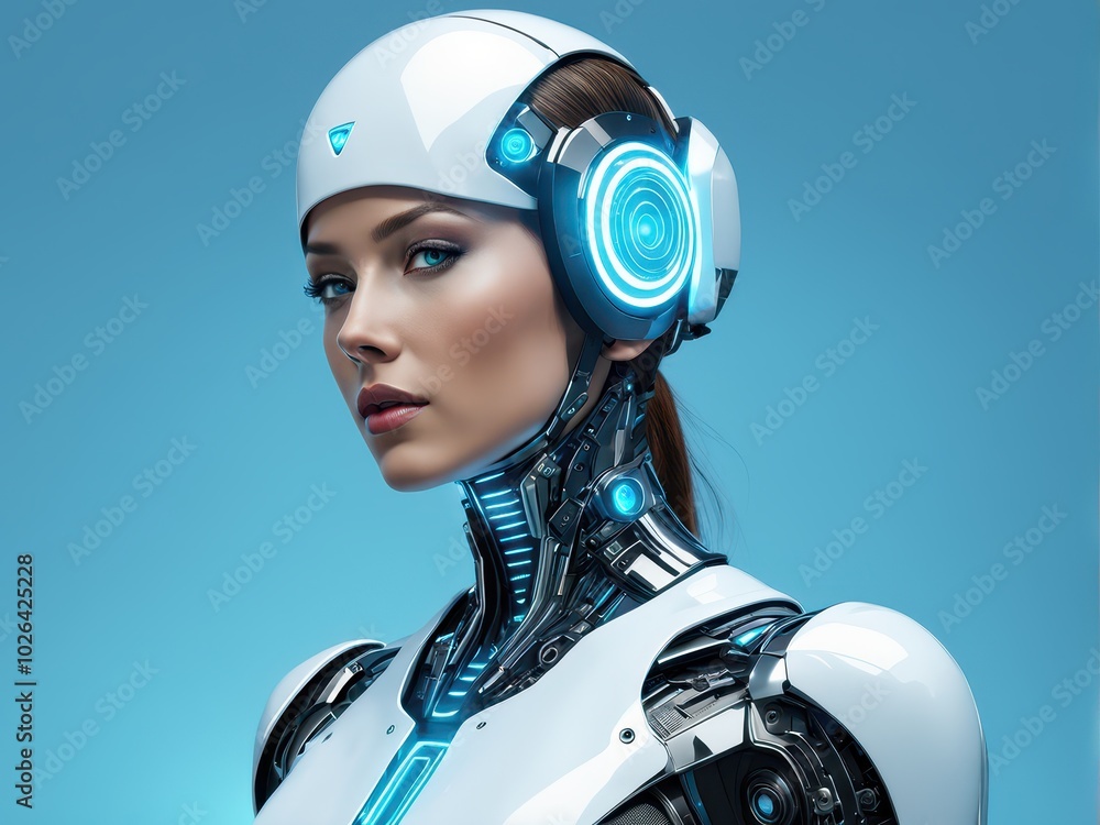 Poster a futuristic humanoid robot with sleek design and glowing elements.