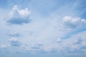 Blue sky with beautiful white clouds. Sky with cumulus and cirrocumulus clouds. Panoramic image of the sky.