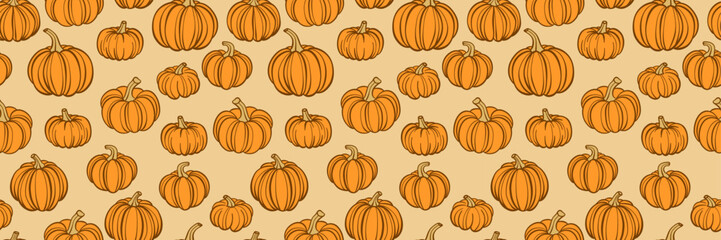 Halloween or Thanksgiving pumpkin banner, orange seamless repeating pattern, wide horizontal border or cover design concept