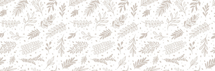 Autumn leaf pattern banner, seamless repeating minimalist print, white and brown cover design, endless tile