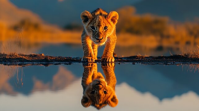 Lion cub looking the reflection of an adult lion in the water on a background : Generative AI