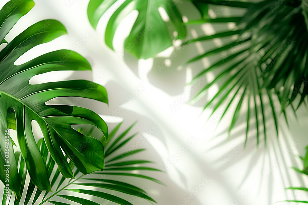 Poster vibrant green leaves create dynamic patterns against a bright white backdrop, showcasing natures ele