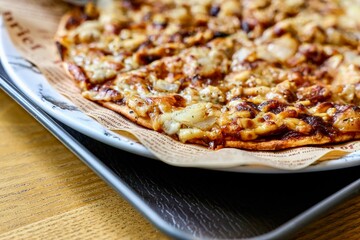 Crispy Flatbread Pizza with Cheese and Onions. A close-up shot of a freshly baked flatbread pizza, topped with melted cheese and caramelized onions.