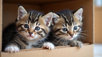 Adorable kittens playing in cardboard box