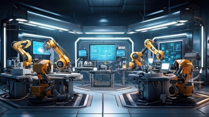 Fototapeta premium A futuristic lab featuring robotic arms and advanced technology for industrial automation.
