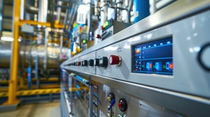 Control panel with digital displays and switches in a factory