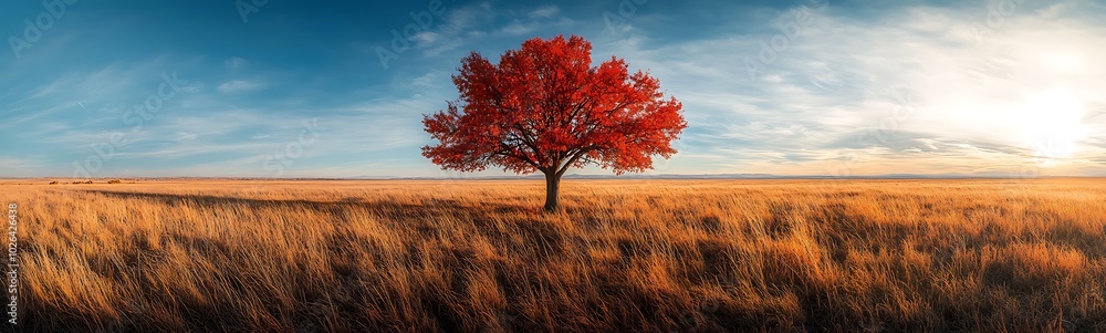 Poster a vibrant red tree stands alone in a golden field under a clear blue sky, creating a striking contra
