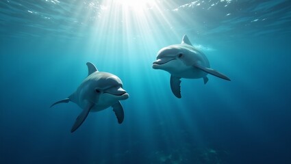 Fototapeta premium Graceful dolphins gliding under sunlit ocean surface