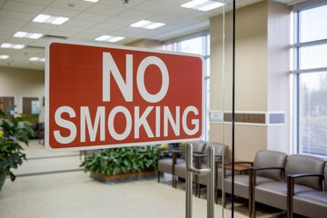 A red sign with white letters that says "No Smoking" is hanging on a door in a h