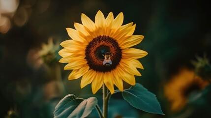 Fototapeta premium A close-up of a yellow sunflower bloom with a honeybee collecting pollen, symbolizing life and nature's cycles.