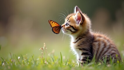 Curious kitten with butterfly on nose in tranquil meadow