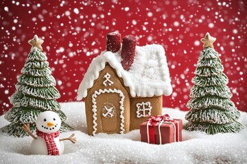Three small Christmas trees, a gingerbread house, and a snowman : Generative AI