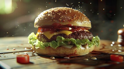 Delicious close up of a juicy homemade beef burger with fresh vegetables and melted cheese