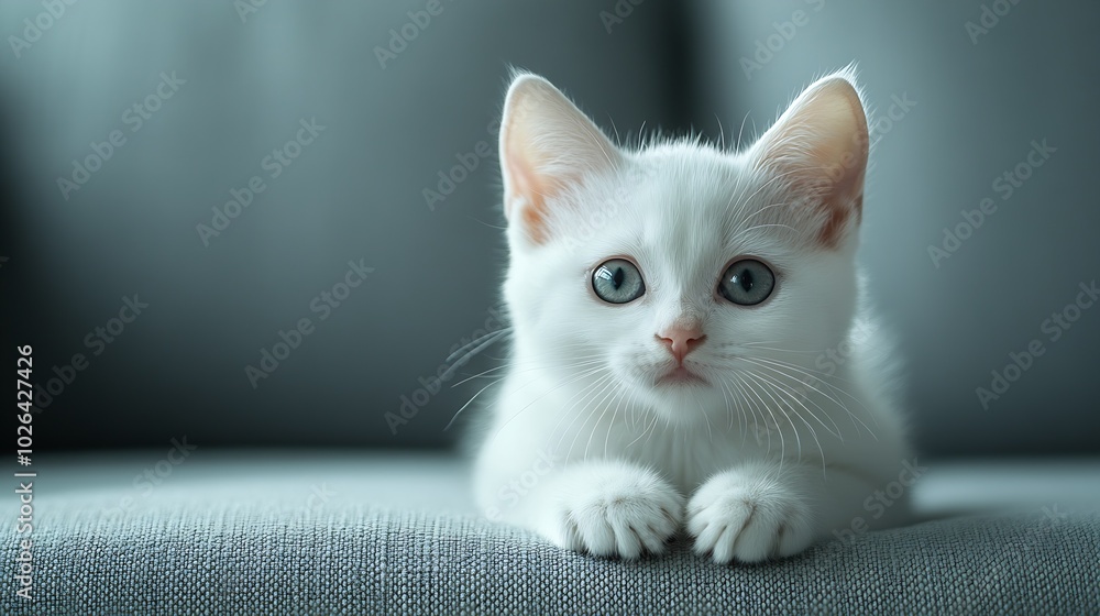 Poster white kitty on gray background nice little kitten with big eyes : generative ai