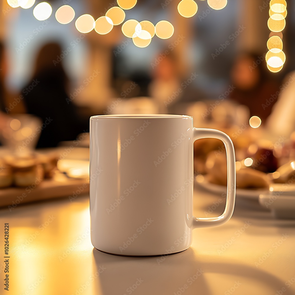 Poster a close-up of a white rectangular-shaped mug on a party table : generative ai