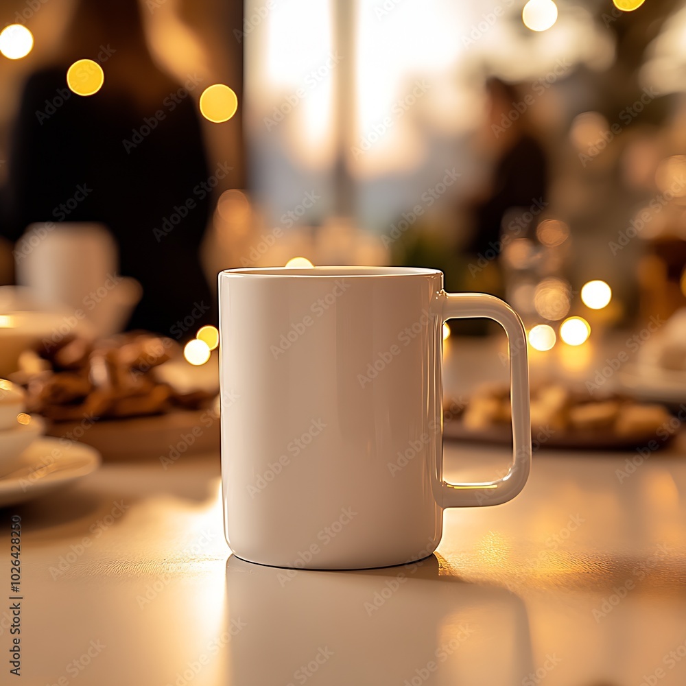 Poster a close-up of a white rectangular-shaped mug on a party table : generative ai