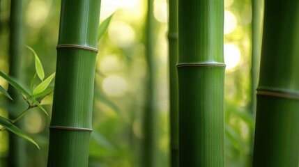 Obraz premium A close-up of green bamboo stalks standing tall, their smooth surfaces catching the sunlight in an exotic forest.