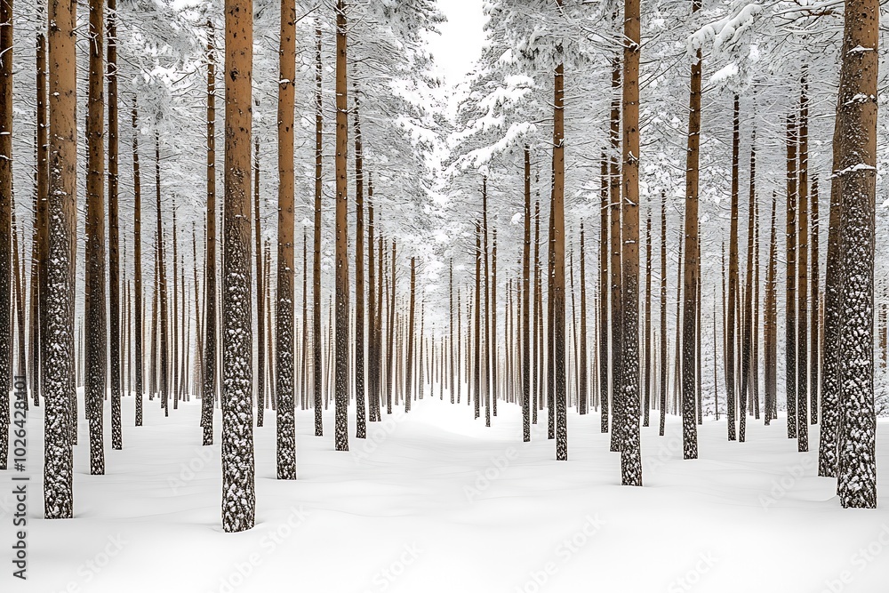 Poster in the pine forest, many tall trees covered with snow : generative ai