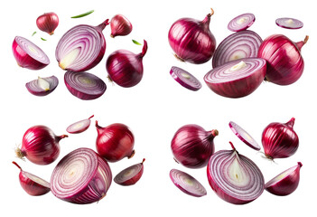Set of red onion with half slices falling and floating png