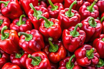 Panoramic closeup of sweet red bell peppers