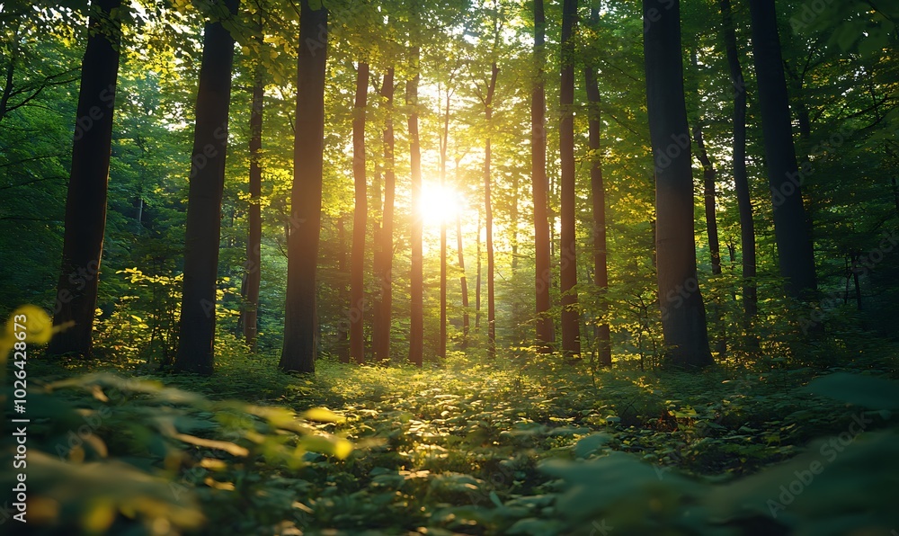 Poster a serene forest setting with sunlight filtering through tall trees, creating a peaceful and inviting