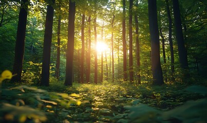 A serene forest setting with sunlight filtering through tall trees, creating a peaceful and inviting atmosphere.