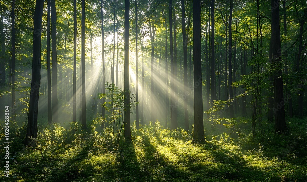 Leinwandbilder A serene forest scene with sunlight streaming through trees, creating a tranquil atmosphere filled with greenery and soft light.
