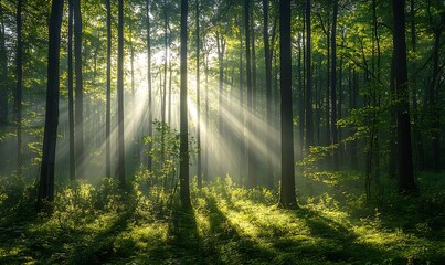 Obraz premium A serene forest scene with sunlight streaming through trees, creating a tranquil atmosphere filled with greenery and soft light.