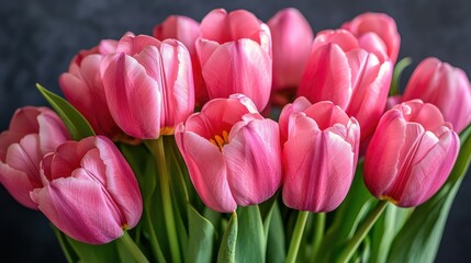 Fototapeta premium A close-up of pink tulips arranged in a vase, with soft lighting highlighting their vibrant color