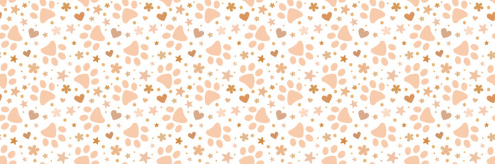 Paw pattern pet banner, seamless repeating cover background print, wide horizontal design