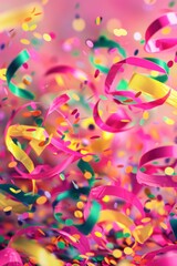 Obraz premium Colorful Birthday Celebration Background with Neon Ribbons and Confetti for Fun Designs