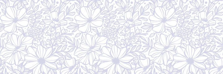 Wide floral print banner, seamless repeating elegant flower pattern, hand drawn vintage illustration, wedding invitation clip art concept design