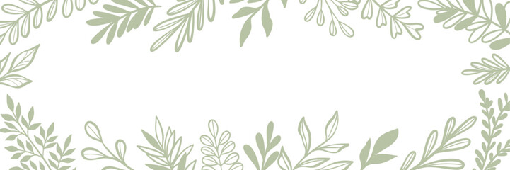 Green leaf banner, wide horizontal frame design, white cover or background foliage, hand drawn leaves,