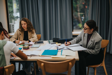 Diverse group of students working together on a project, featuring notes, books, and laptops in a classroom. The atmosphere is focused and collaborative, showcasing teamwork and study.