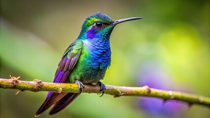 Panoramic Crowned Woodnymph Thalurania colombica Iridescent hummingbird perched on a small branch