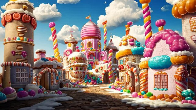 A whimsical candy town stands under a bright blue sky, with houses made of gingerbread and candy canes