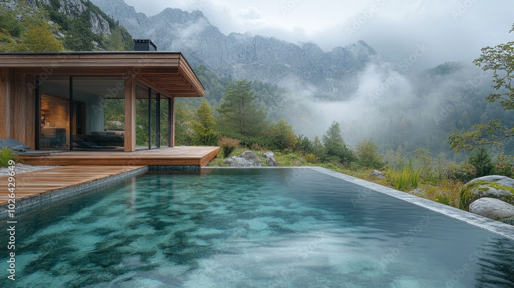 Poster a house with a pool and a mountain in the background