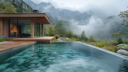A house with a pool and a mountain in the background
