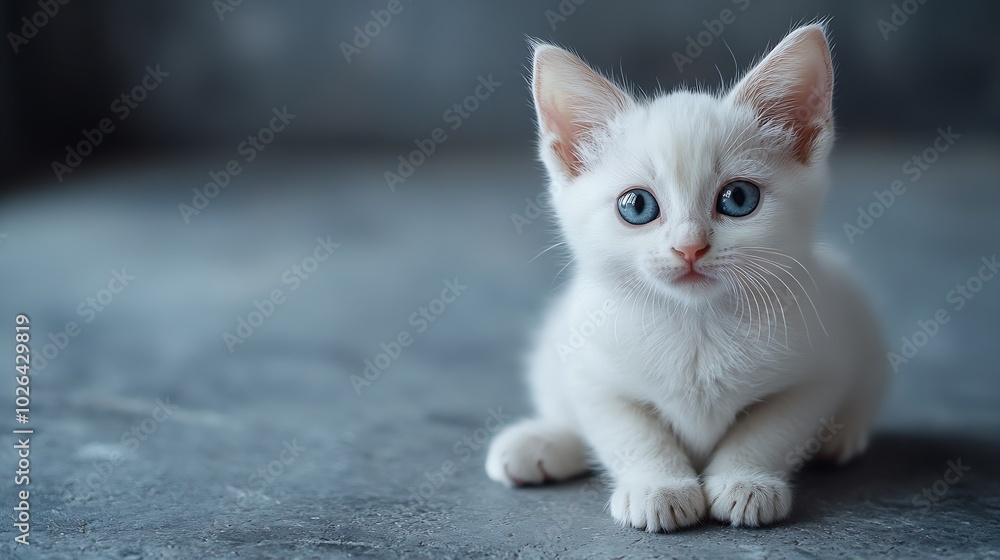 Poster white kitty on gray background nice little kitten with big eyes : generative ai