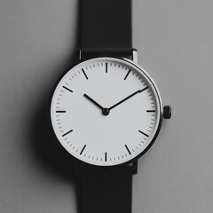 A minimalist watch with a white face and black strap on a gray surface.