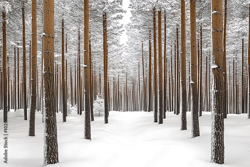 Poster in the pine forest, many tall trees covered with snow : generative ai