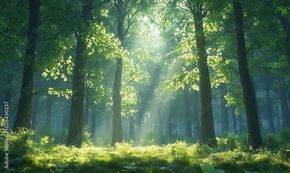 Poster a serene forest scene with sunlight filtering through lush green foliage, creating a tranquil and dr
