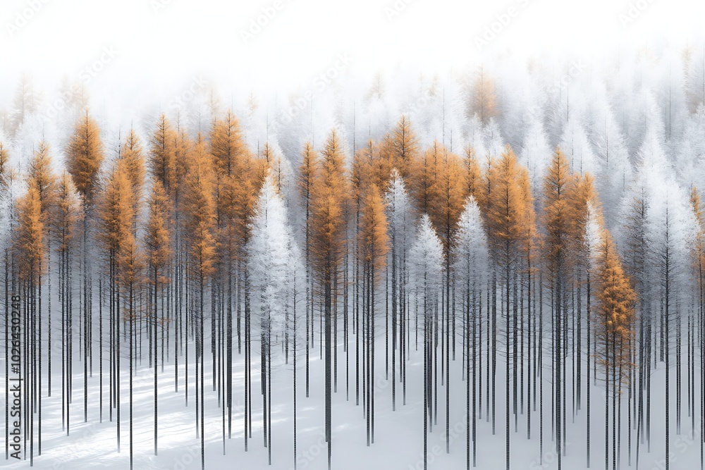 Poster In the pine forest, many tall trees covered with snow stand side by side in rows : Generative AI