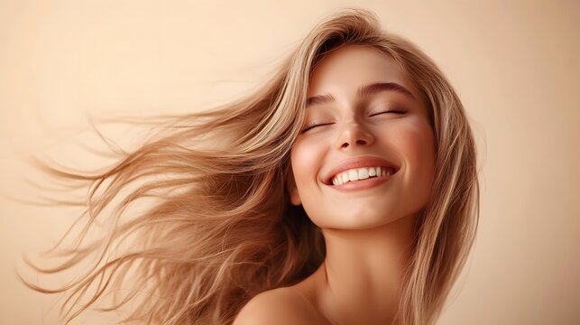 5. **Charming Hair Care Ad**: Create a captivating image of a young woman with beautifully styled blonde hair, smiling against a light pastel background. The scene should allow for plenty of empty
