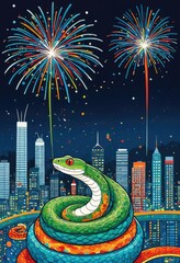 Green snake with fireworks on the background of the New York City.