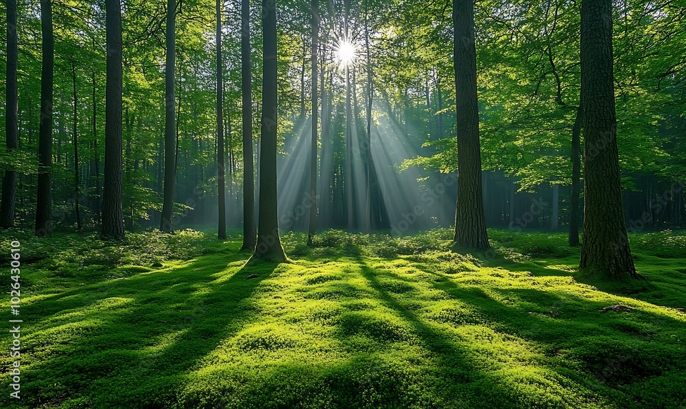 Poster a serene forest illuminated by sunlight, with long shadows cast across a vibrant green ground, creat