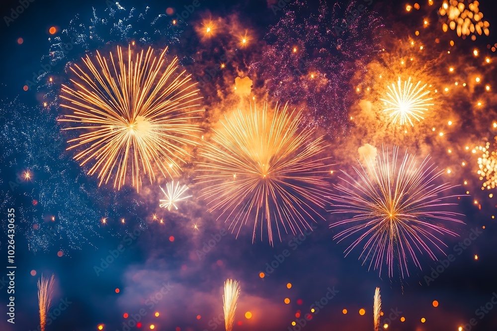 Poster fireworks display on a dark blue sky background. : generative ai
