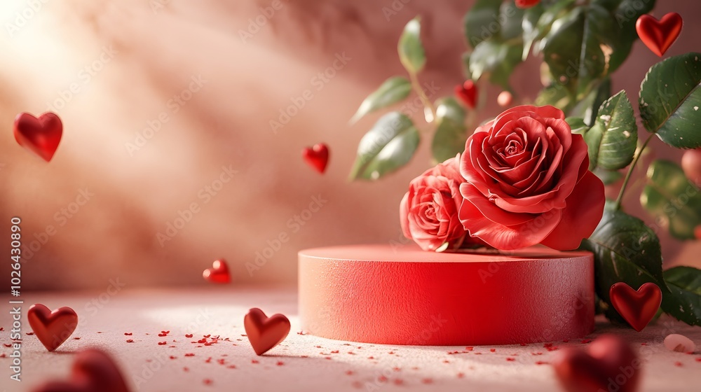 Poster 1. **romantic showcase**: create a striking 3d rendering featuring a vibrant red podium against a so