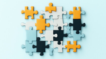 Naklejka premium Colorful scattered puzzle pieces in shades of orange, blue, and gray on a light blue background.