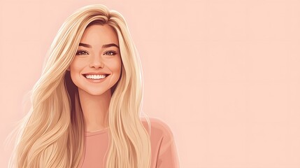 Naklejka premium 1. **Radiant Confidence**: Create an image of a smiling young woman with long, beautifully groomed blonde hair against a soft pastel flat background. The scene should have ample copy space, making it